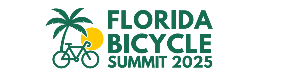 Logo for the Florida Bicycle Summit 2025. A green bicycle is positioned under a palm tree with a yellow sun in the background. The text reads “Florida Bicycle Summit 2025” in bold green letters.