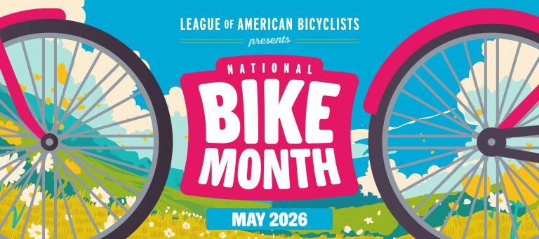 Graphic of two bicycle wheels with "National Bike Month May 2026" written in bold letters.